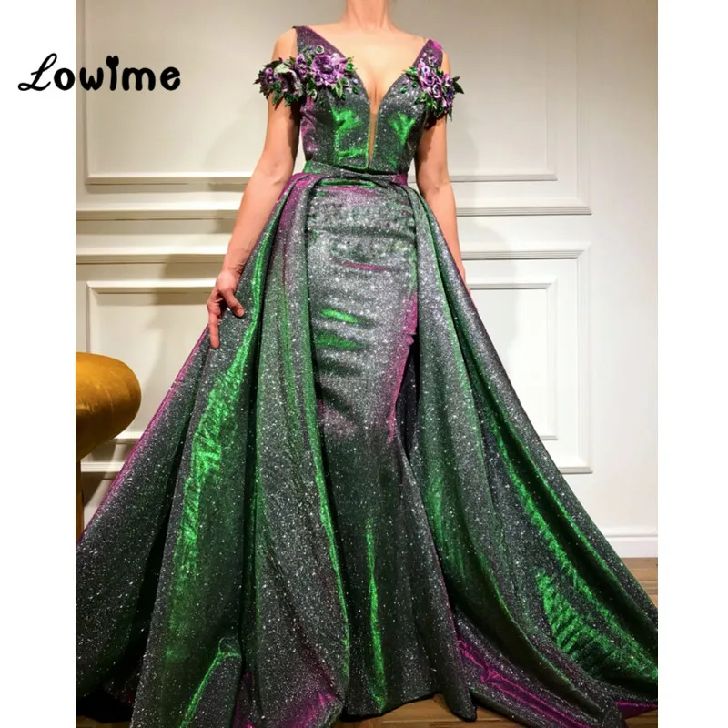 

Arabic V Neck Evening Dress Short Sleeves With Handmade Flower Mermaid Long Prom Dresses Abendkleider Elegant Vintage Party Gown