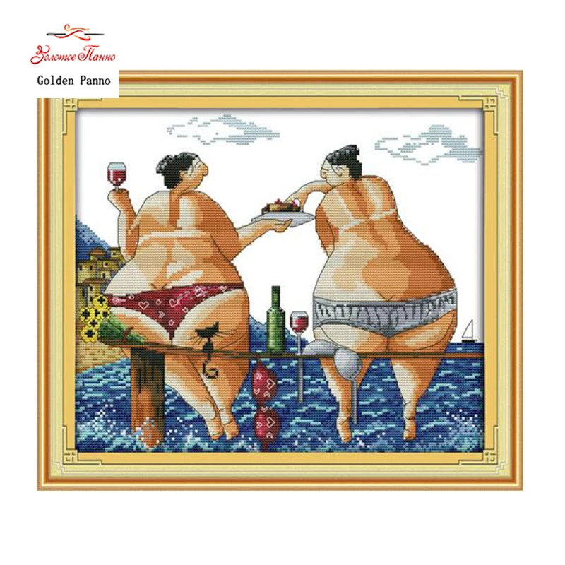 Golden Panno,Enjoy in Beach Counted Cross Stitch 11CT 14CT Cross Stitch Kits cartoon Cross Stitch Sets Embroidery Needlework 923