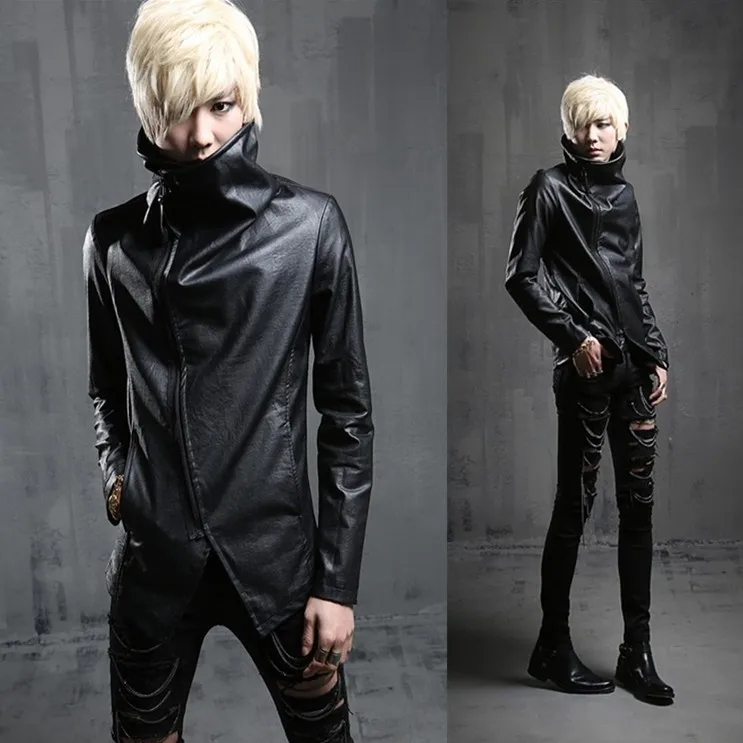 Nightclub DJ punk rock slim leather jacket oblique zipper design men turtleneck motorcycle biker faux leather jackets and coats