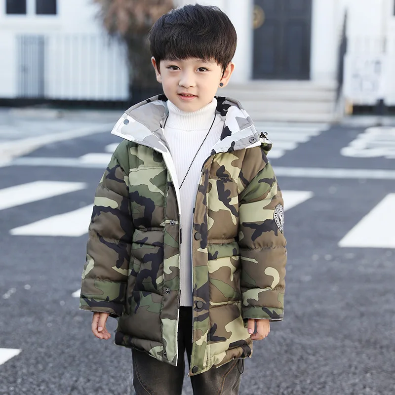 

Boys 4-12 Y Long Sleeve Hooded Fashion Camouflage Coat Casual Down Cotten Thick Warm Winter Autumn Outdoor Jackets