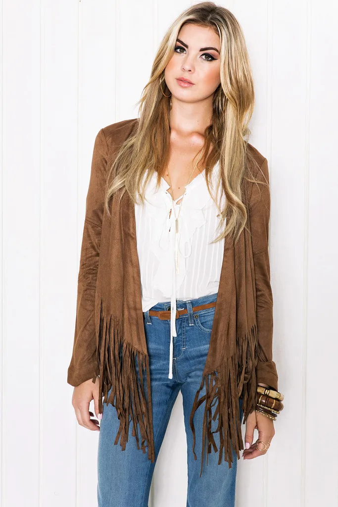 Замшевая куртка с длинным рукавом и бахромой женская модная повседневная V