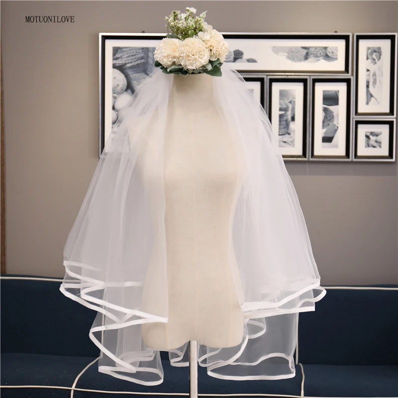 

White Ivory Short Bridal Veils Gather Tulle Ribbon Edge Two Layer Fingertip Length Veils Wedding Veils For Woman Voile Mariage