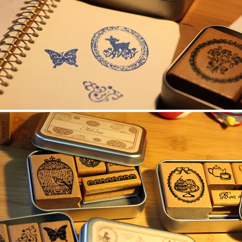 ZQSPFAFA Iron Box Retro Stamp Geometric Wooden Rubber Set 2017 Fashion Brand DIY Scrapbook Decorations Girls Handicrafts | Канцтовары