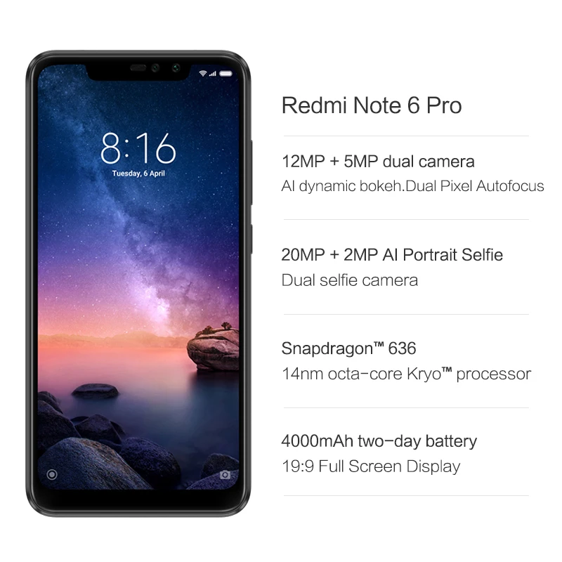 Глобальная версия Xiaomi Redmi Note 6 Pro 4 Гб 64 мобильный телефон Snapdragon 636 Octa Core 26 &quotполный