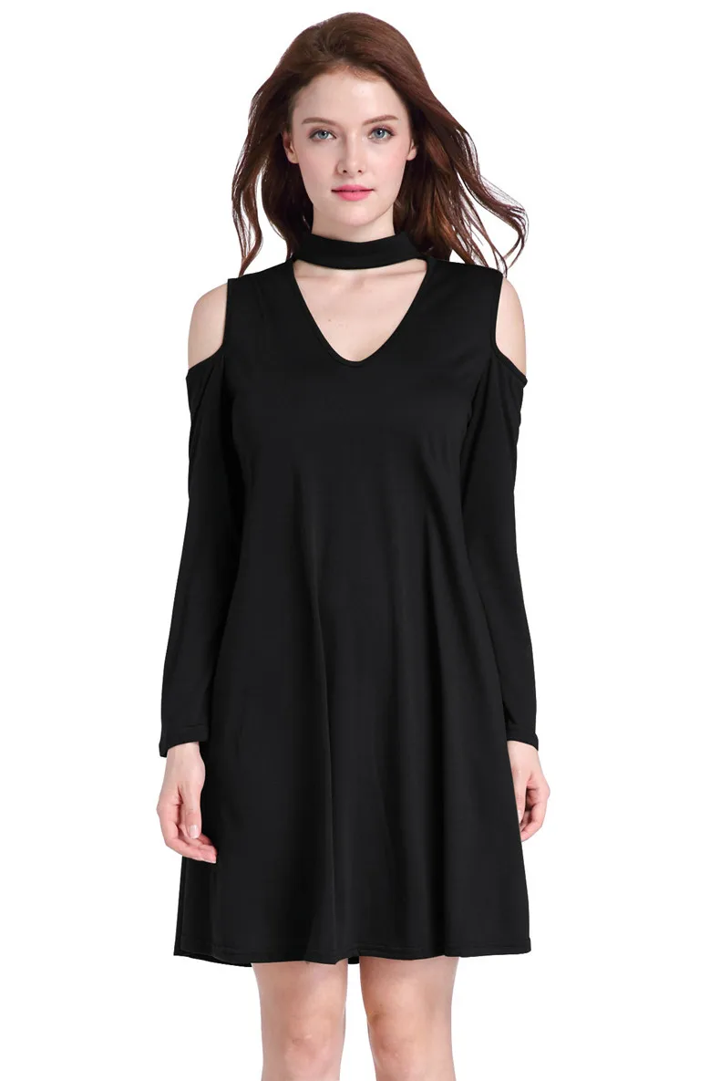 

Cute Hanging Collar Dress Autumn Women Clothes Off Shoulder Elbise Solid Color V-Neck Loose Long Slevee Elegant Moda Mujer Jurk