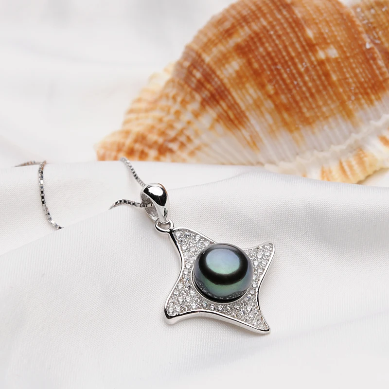 925 Sterling Silver Star Pendant Necklace Fine Pearl Jewelry for Women 8-9mm Freshwater Black Chain Beads Luxury Feige | Украшения и