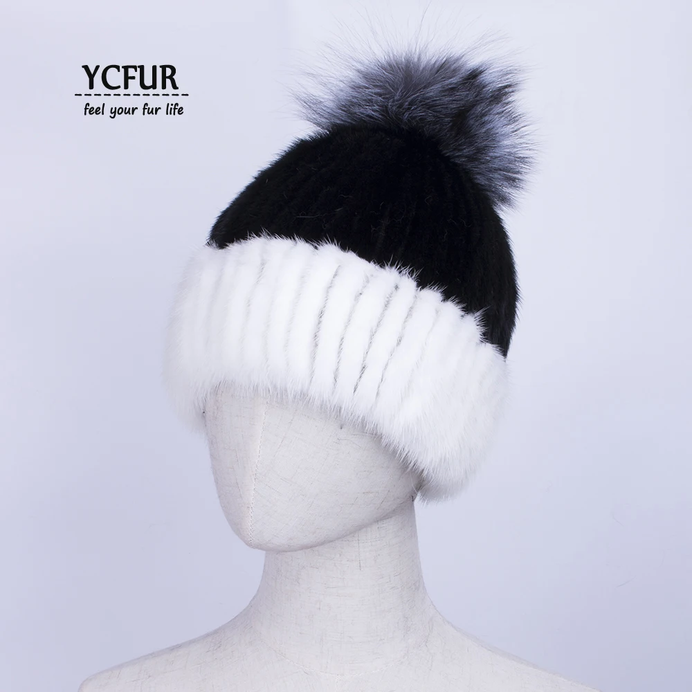 

YCFUR Winter Caps Hats Beanies for Women Sew Stripes Genuine Mink Fur Hat Cap Female Real Fur Beanie Hat with Fox Fur Pom Hats