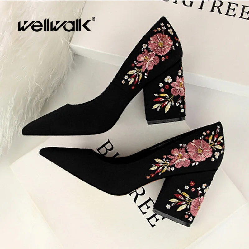 WellWalk/шикарные туфли лодочки с вышивкой женские тканевые модельные на высоком