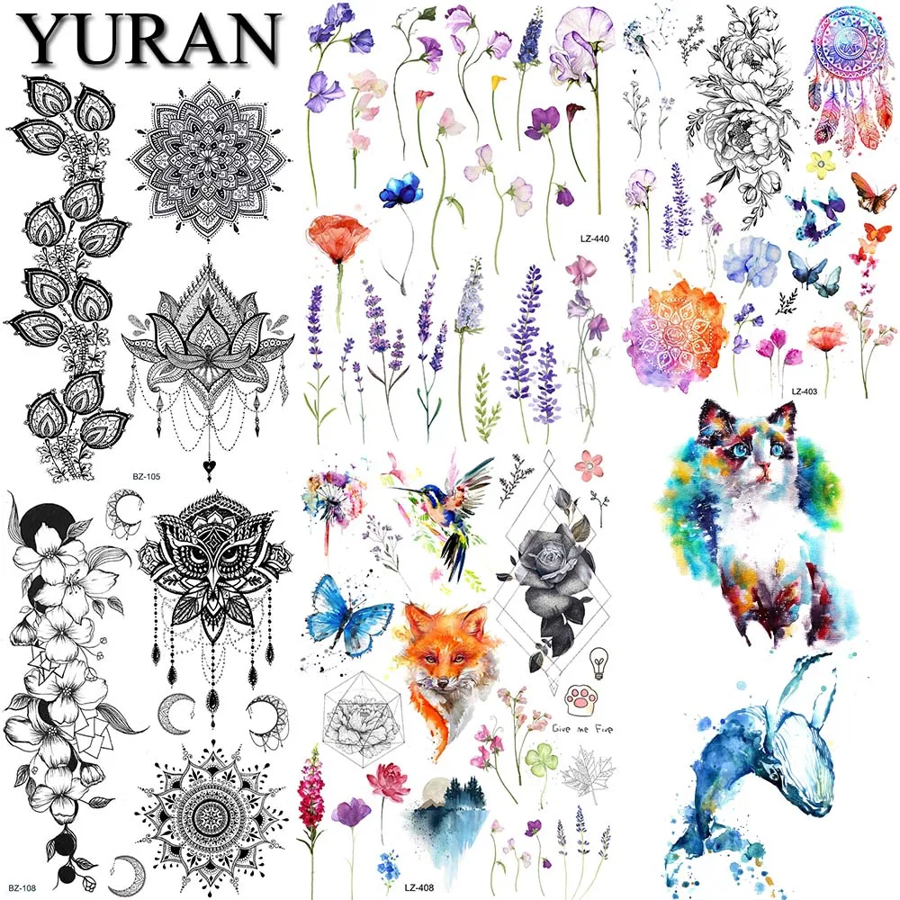 

YURAN Cute Lavender Floral Morning Glory Cats Tattoos Stickers Women Girls Body Arm Fake Temporary Tatoos For Kids Hand Tattoo