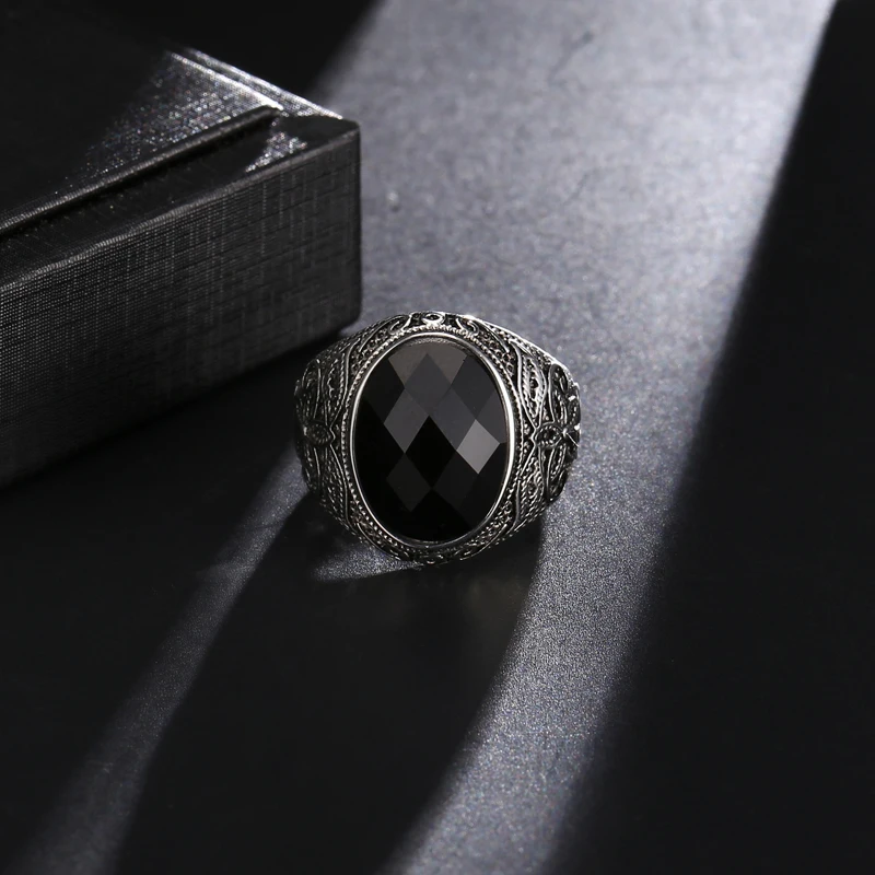 US7 Stainless Steel Obsidian Natural Stone Wedding Rings Punk Rock Finger Genuine Austria Ring For Men Women Sale Jewelry Gift