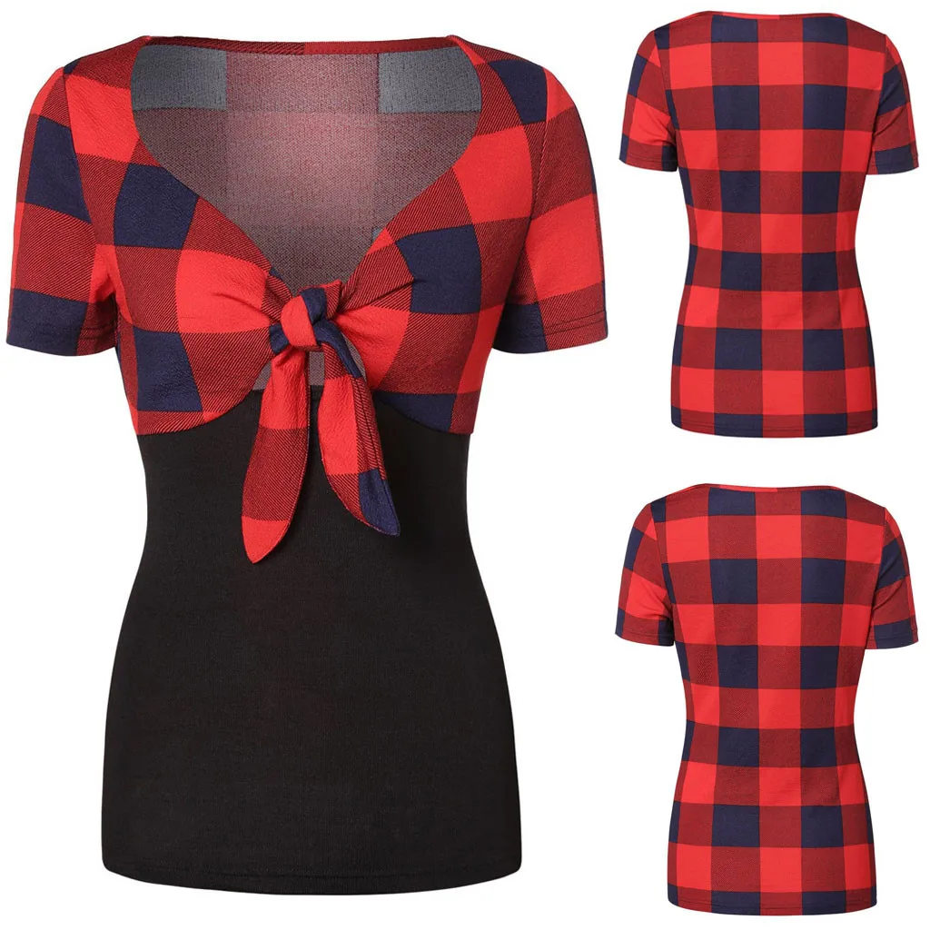 Женская футболка лето 2019 повседневная цветная блочная в клетку с бантом | одежда