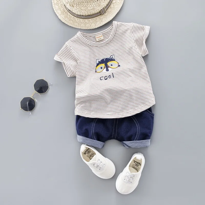 JIOROMY Children's Garment Short Sleeve Suit Stripe Cartoon Twinset Male Girl Children Suit