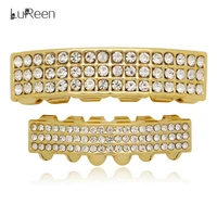 lureen hip hop 3 row rhinestone teeth grillz top bottom dental grills set gold silver color tooth caps fashion jewelry gift
