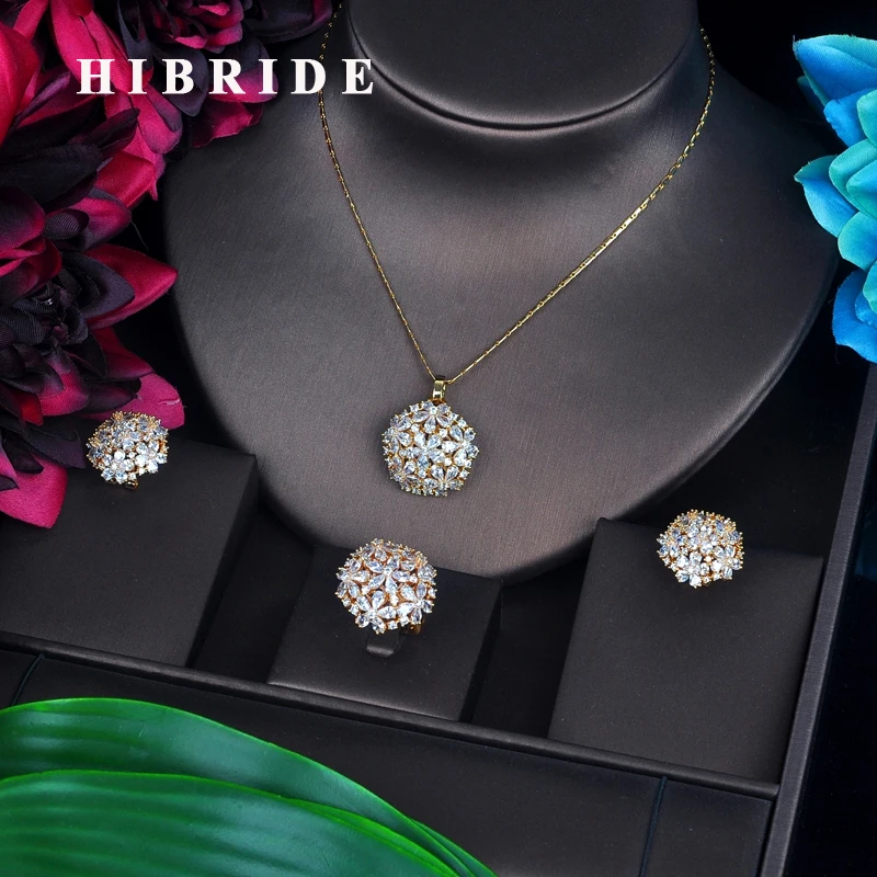 

HIBRIDE Elegant Shinny High Quality Cubic Zirconia Jewelry Set For Women Gold Color Ring/Earring/Necklace Jewelry Set Gift N-511