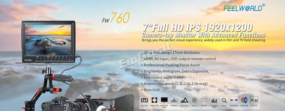 Feelworld FW760 7 дюймов ips Full HD 1920x1200 поддержка 4 K на поле камеры монитор с 2200mA батарея комплект 1200:1 Контрастность 450cd/m2