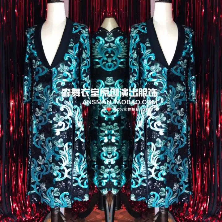

Men's suits high-end embroidery peacock blue atmosphere split long coat bar nightclub male singer DJ costume large size