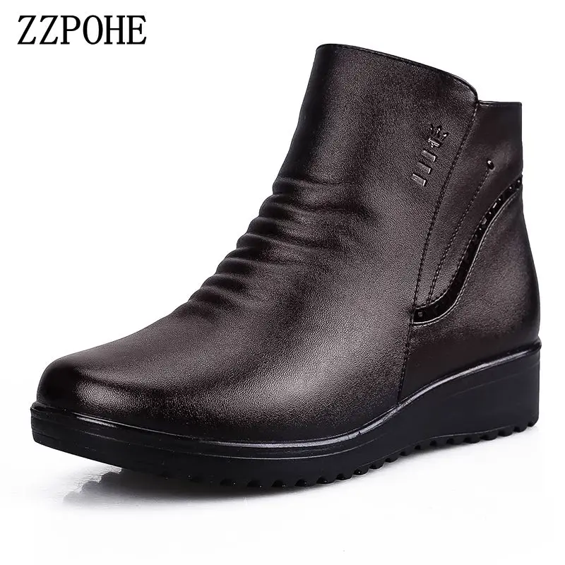 ZZPOHE/ г., модные женские зимние ботинки женские ботильоны из натуральной кожи на плоской подошве Повседневная теплая мягкая хлопковая обувь для мам