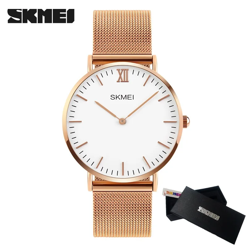 BOX gold SKMEI новые топ роскошные часы мужские Брендовые мужские часы ультра тонкие из нержавеющей стали сетчатый ремешок кварцевые наручные часы модные мужские часы - Цвет: BOX gold