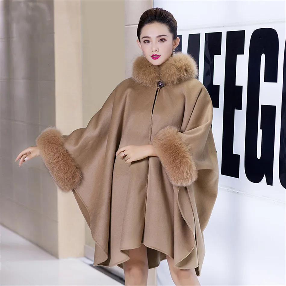 Black Pashmina Cashmere Coat Shawls with Fox Fur Wool Scarf Collar Poncho Wrap Outwear Plus Size | Женская одежда