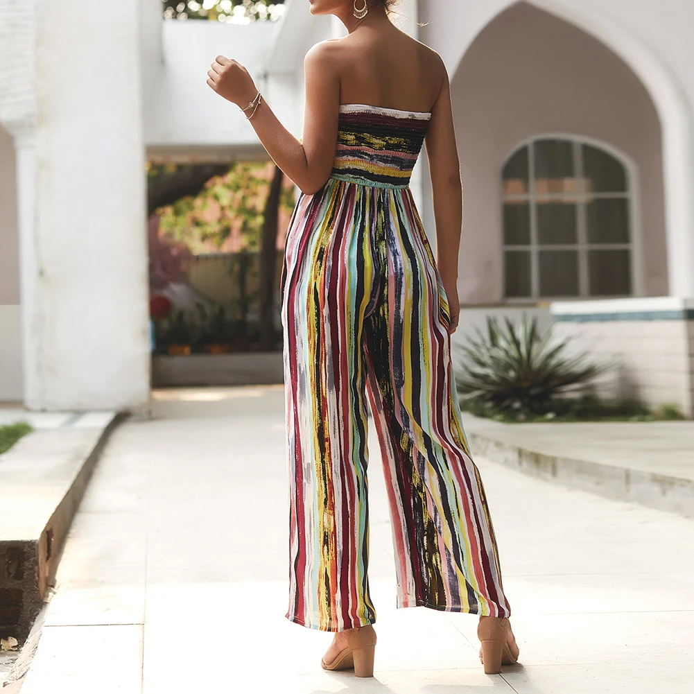 2019 Sexy Women's Multicolor Striped Off Shoulder Long Pants Jumpsuit Summer Printed Club Party Strapless Bow Bandage Rompers | Женская