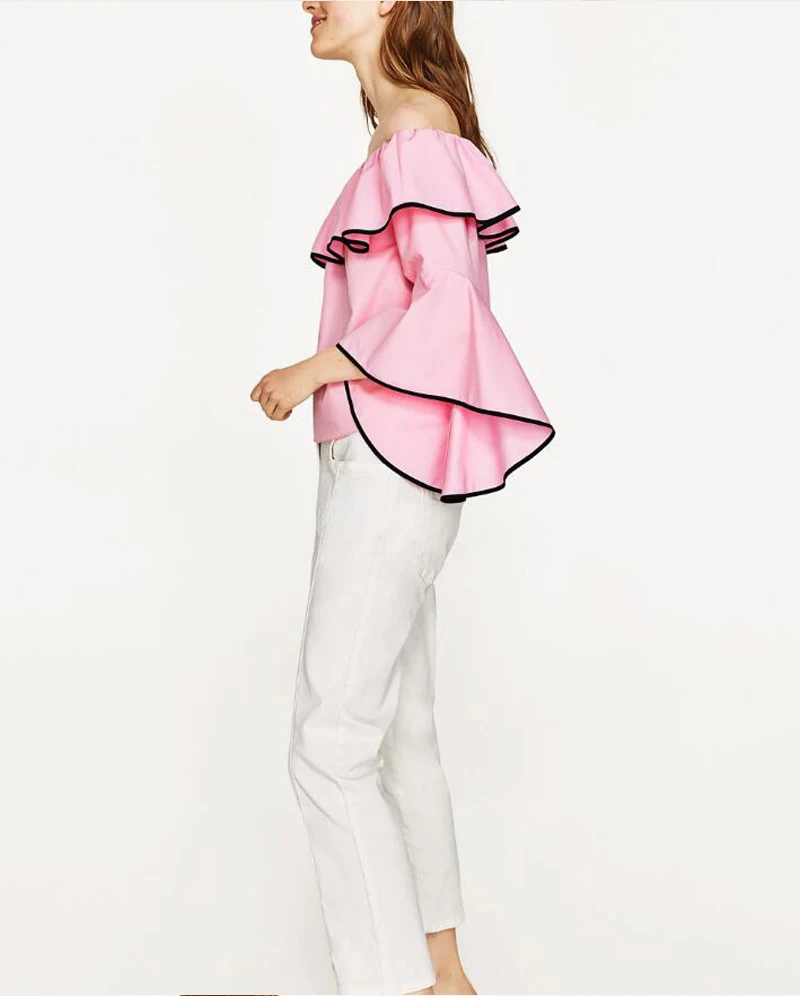 YVYVLOLO 2019 Brand Blouse Women Shirt Summer Sexy Off shoulder Tops Female Pink blue Chiffon Laminated sleeves Shirts blusas | Женская