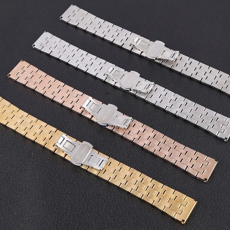 High Quality Butterfly Clasp Watchband 18mm 20mm 22mm 24mm Stainless Steel Watch Band Strap Men Silver Gold Bracelet Solid Link