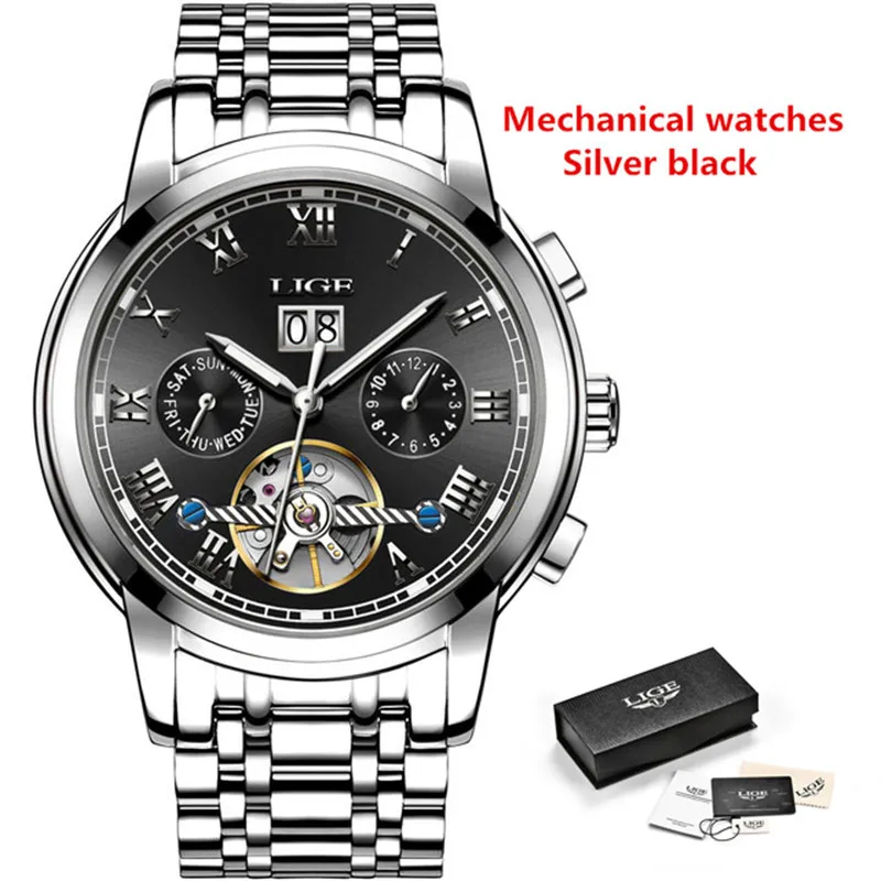 S Silver black Модные мужские часы LIGE Топ бренд класса люкс Tourbillon водонепроницаемые автоматические механические часы мужские спортивные часы из нержавеющей стали+ коробка - Цвет: S Silver black