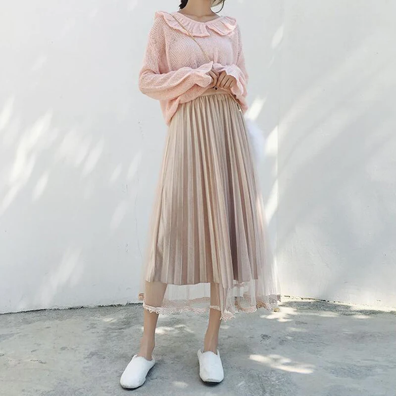 Velvet And Tulle Skirt Women 2018 Autumn Winter Fashion Korean Lace Elegant High Waist Pleated Female Midi Long | Женская одежда