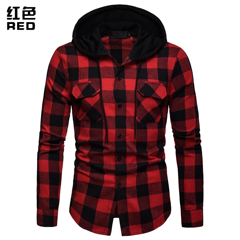 Fashion Buffalo Plaid Shirt Men 2019 Brand New Casual Grid Check Pattern Hooded Dress Shirts Mens Slim Fit Long Sleeve Chemise | Мужская