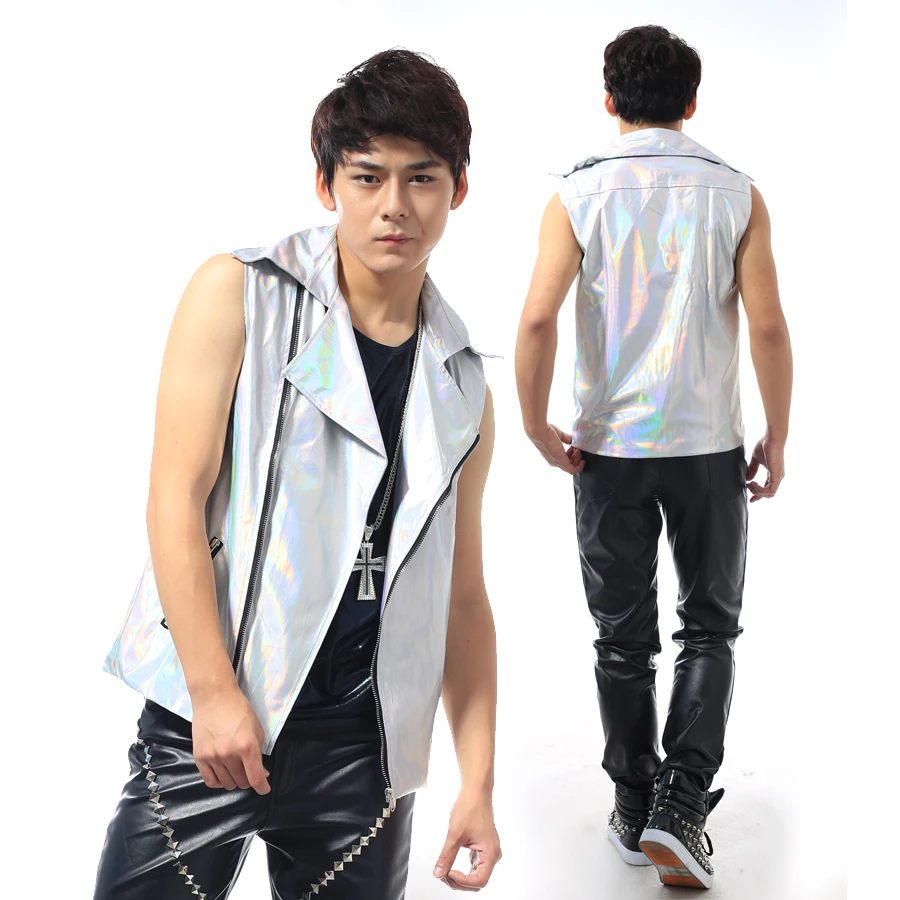 2016 модный мужской крутой серебристый лазерный жилет из искусственной кожи певец