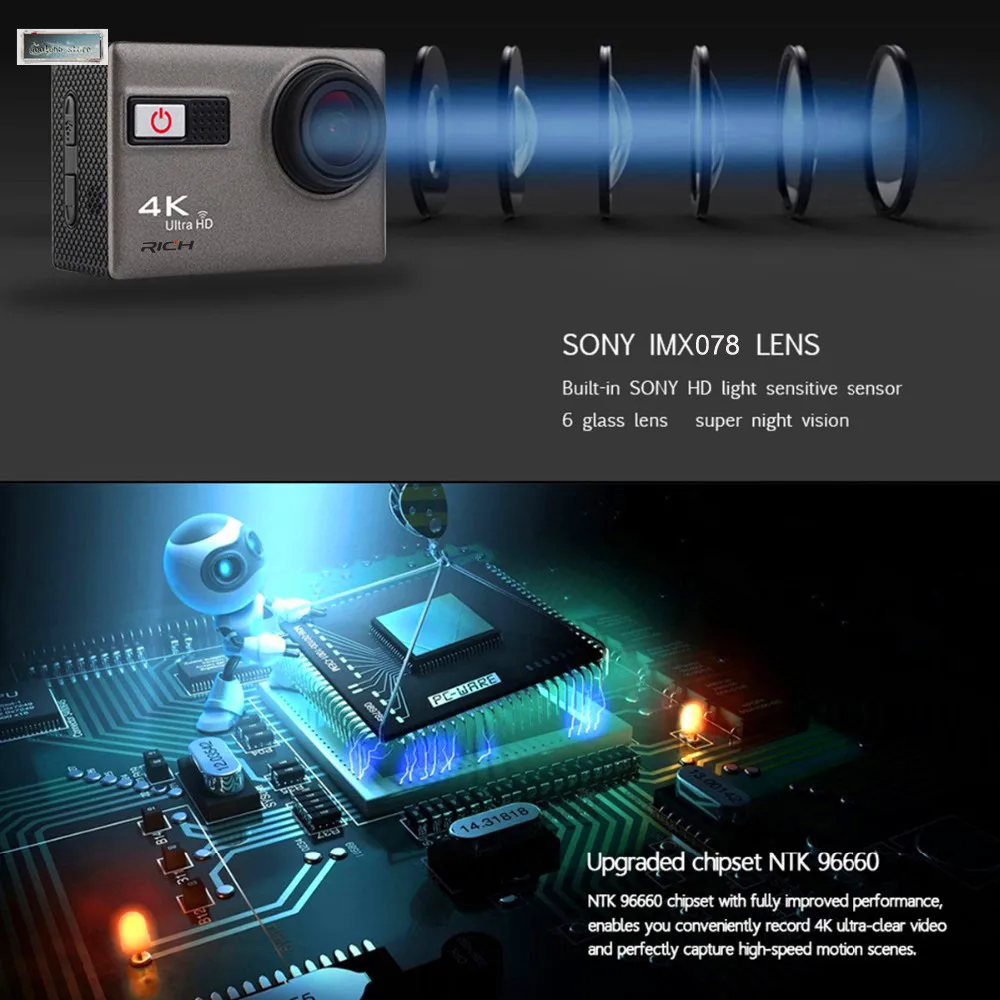 Экшн камера Ultra HD F68 F68R hero 4 Stlye 4K 24FPS Novatek 96660 Удаленная Wifi Водонепроницаемая 30 м