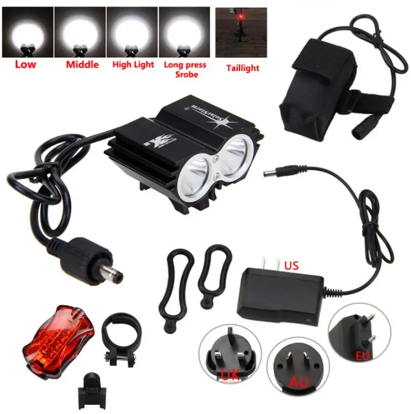 Black w Taillght 12000 мАч батареи 5000 люмен 2x T6 светодиодный на велосипеде, мотоцикле, светильник светодиодный головной фонарь светильник фары и задние светильник - Цвет: Black w Taillght