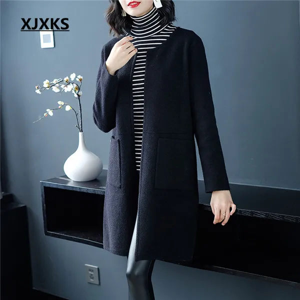 XJXKS abrigos mujer invierno новые модные простые женские шерстяные пальто шерстяное вязаное повседневное женское пальто-кардиган - Цвет: Черный