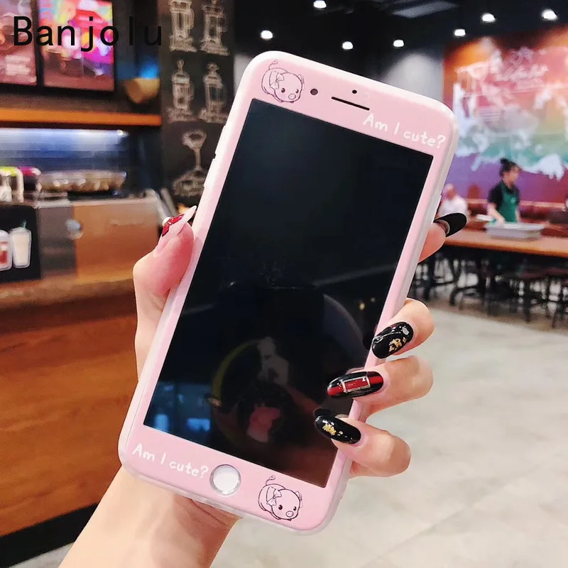 Чехол Banjolu Cute Pig Heart + Защитное стекло для экрана из закаленного стекла для телефона iPhone X XR XS MAX 8 7 6 6s Plus с мягкой задней крышкой.