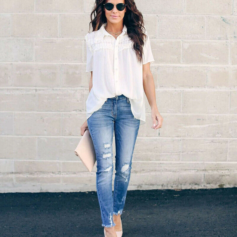 Блузка женская кружевная с коротким рукавом модная рубашка для работы и офиса на