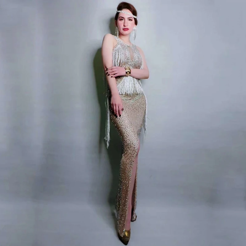 

Rhinestone Dress For Women Nightclub Costume Tassel Women Clothing Evening Party Stage Wear Ladies Host Nightclub Dress VDB684