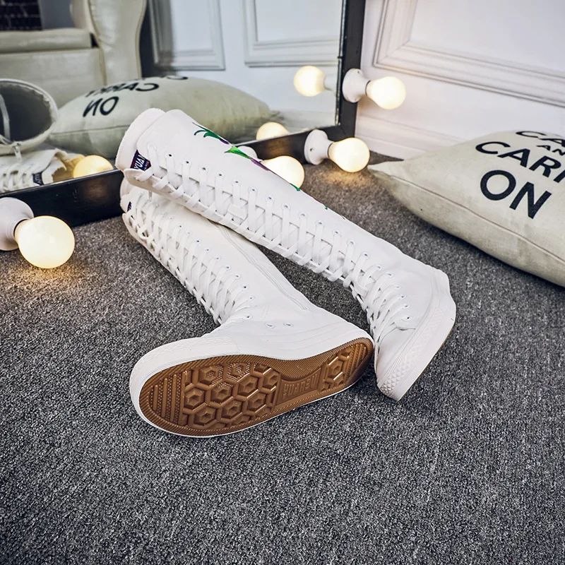 US4-11 женские парусиновые кроссовки; высокие сапоги до колена на шнуровке; обувь на плоской подошве с вышивкой; цвет белый, черный; высокие сапоги размера плюс; A625
