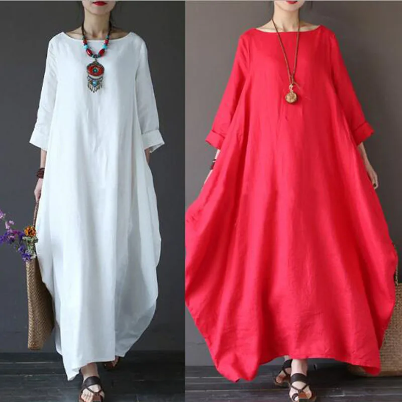 New Crew Neck Batwing Sleeve Baggy Long Dresses Women Casual Party Kaftan Solid Spring Summer Dress Robe Plus Size Clothes | Женская