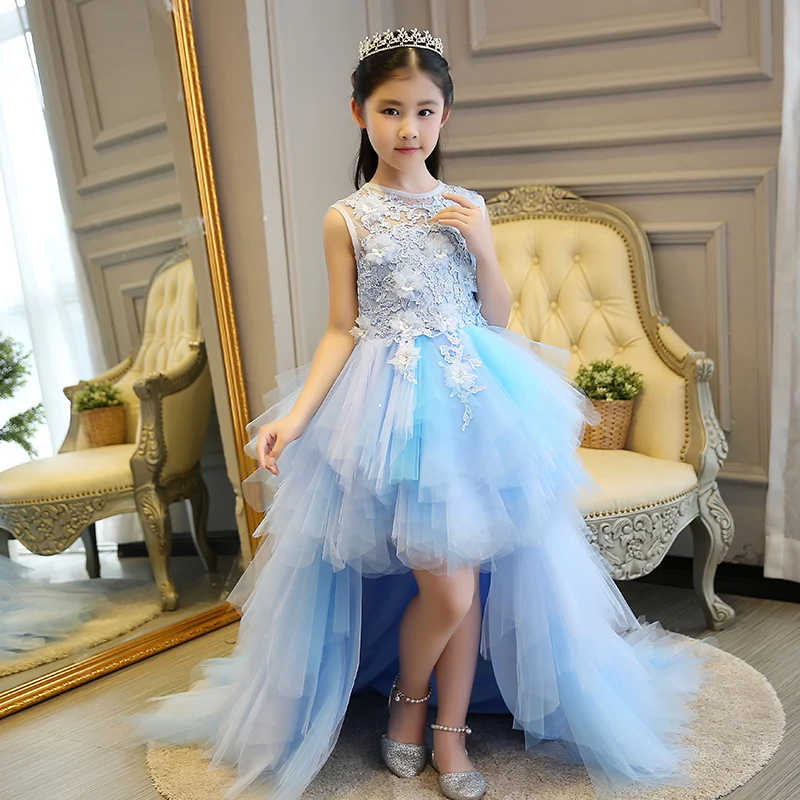 Children baby flower girl formal evening tail dress ball gowns prom wedding bridesmaid kid clothes beautiful princess party Blue | Детская