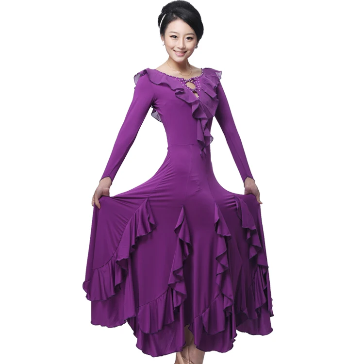 

Sale! Long-sleeve Fluncy Ruffle Ballroom Practice And Competition Long Dress Women's Waltz Tango Performane Wear 3Colors MQ319