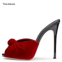 women high heel knotted mules 2021 sexy ladies black red velvet summer shoes peep toe sandals party evening dress heels big size