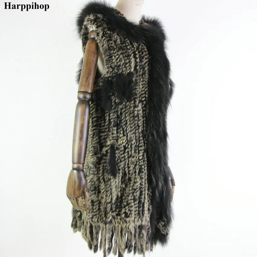 Harppihop* женский жилет из натурального кроличьего меха с капюшоном, модный воротник из меха енота, жилеты, теплый длинный жилет из натурального меха