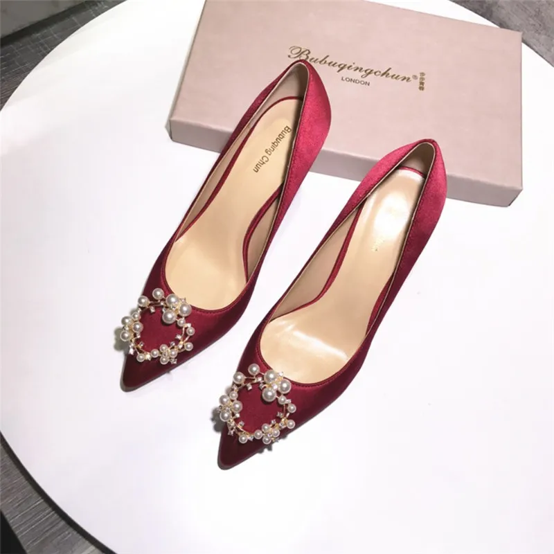 

Free shipping fashion women Pumps burgundy satin pearls strass point toe high heels shoes party shoes bride wedding shoes 6 8
