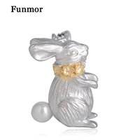 funmor cute rabbit brooches simulated pearl pins women children coat sweater cardigans decoration jewelry gathering accessories