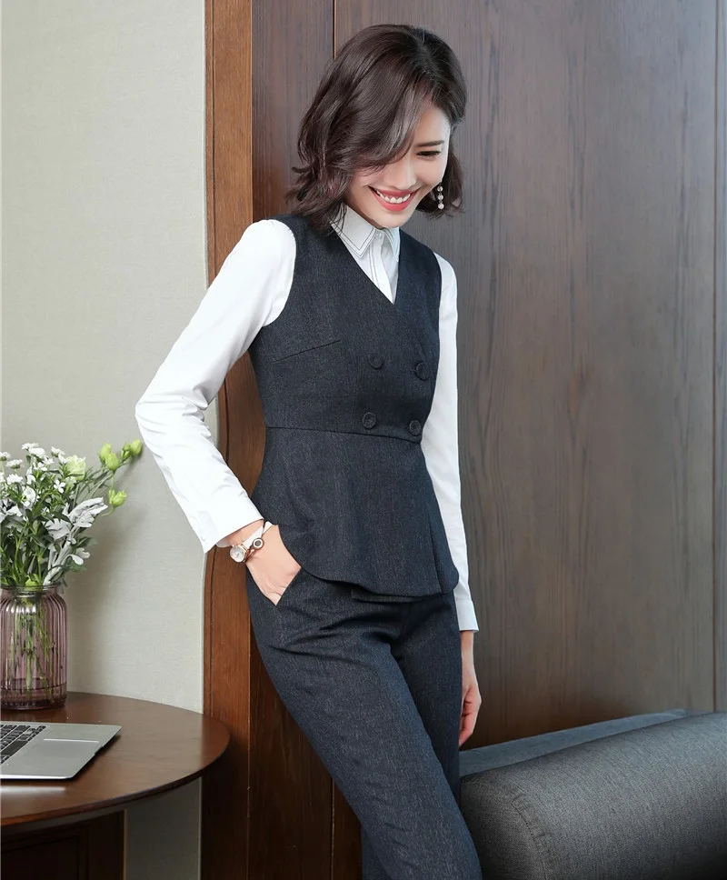 

Fall Winter 2018 New Styles Formal Pantsuits With Pants and Vest Coat & Waistcoat Brown Blazers Ladies Office Uniforms Designs