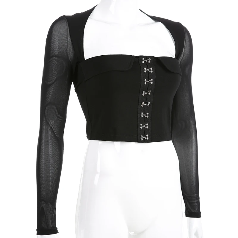 Sweetown Black Le Palais винтажный укороченный топ, рубашка с квадратным воротником, расшитая блестками, футболка, Femme Mesh Patchwork, драпированная футболка с длинным рукавом