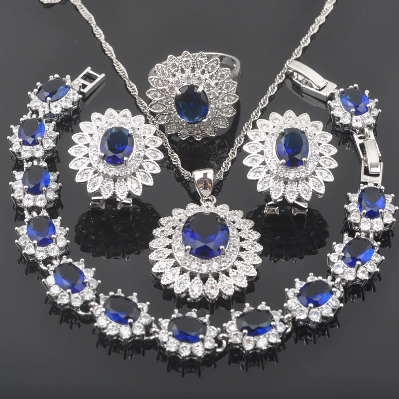 Женский комплект ювелирных изделий браслет ожерелье серьги кольцо с синим