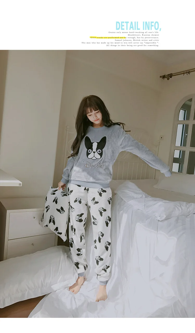 Женские пижамные комплекты с круглым вырезом, с принтом, с длинным рукавом, Kawaii, простые пижамы для женщин, Корейская зима, мультяшная Милая Домашняя одежда, Модный шик