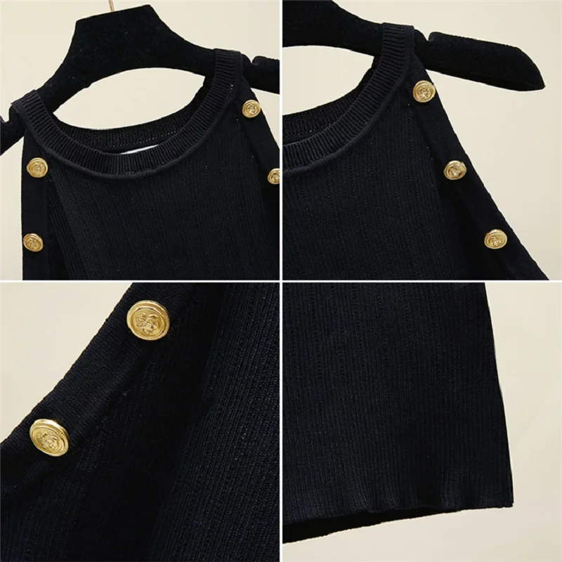 CBAFU summer knitting sleeve vest women tops gold button o neck elastic sweater black white women pullovers knitted tops P072