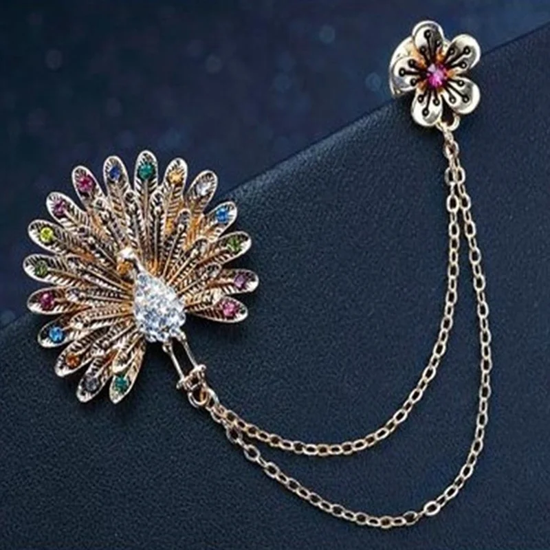 Креативный блестящий красочный кристалл павлин Двойная Цепочка брошь с